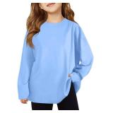 ZDC Girls Oversized Tshirts Kids Long Sleeve Crewneck Shirts Fall Tops Tees 5-14Years Blue