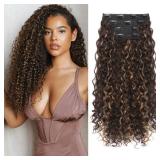 Clip in Hair Extensions, FLUFYMOOZ 4PC 100? Pure Protein Silk Hair Extensions Long Soft Natural Hairpiece 20 Inch Curly Hair Extension for Women (Brown with Deep Blonde Highlights)