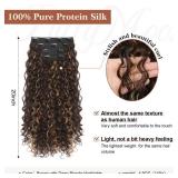Clip in Hair Extensions, FLUFYMOOZ 4PC 100? Pure Protein Silk Hair Extensions Long Soft Natural Hairpiece 20 Inch Curly Hair Extension for Women (Brown with Deep Blonde Highlights)