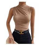 Milumia Womenfts Casual Ruched Mock Neck Tank Top Sleeveless Slim Fit Work Shirt Tops Solid Brown Large