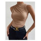 Milumia Womenfts Casual Ruched Mock Neck Tank Top Sleeveless Slim Fit Work Shirt Tops Solid Brown Large