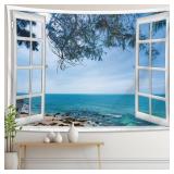 Blue Ocean Beach Window Tapestry Wall Hanging Tree Cool Coastal Landscape Nature Scenery Art Cute Small Tapestry Aesthetic for Office Bedroom Living College Dorm Room Backdrop Wall Decor 28×40 inch