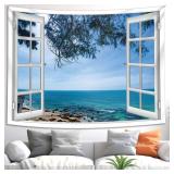Blue Ocean Beach Window Tapestry Wall Hanging Tree Cool Coastal Landscape Nature Scenery Art Cute Small Tapestry Aesthetic for Office Bedroom Living College Dorm Room Backdrop Wall Decor 28×40 inch