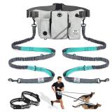 SHINE HAI Retractable Hands Free Dog Leash with Dual Bungees for 2 Dogs, Adjustable Waist Belt, Reflective Stitching Leash for Running Walking Hiking Jogging Biking Black - Gray