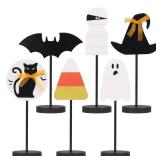 JIALEIXI Halloween Decorations, 6PCS Wooden Sign Tabletop Centerpieces Decorations Include GhostBatBlack CatWitch Hat, for Home Farmhouse Indoor Party Decor.