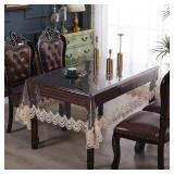 Qubjus Clear Plastic Tablecloth Waterproof Rectangle Vinyl Table Cloth with Embroidered Lace Table Cover for Dining Kitchen Buffet Banquet Parties(60x98 inch, Champagne2)