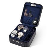KAMIER Watch Case with Combination Lock - 4 Watch Storage and Jewelry Organizer - Watch Travel Case for Ring and Watch Storage, PU Leather Travel Watch Case, Ideal for Gift (With Gift Box),Black