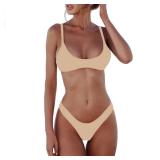 SherryDC Womenfts Solid Scoop Neck Push Up Padded Brazilian Thong Bikini Swimsuit,Beige,S