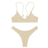 SherryDC Womenfts Solid Scoop Neck Push Up Padded Brazilian Thong Bikini Swimsuit,Beige,S
