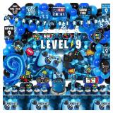 KOTLMIGHT 9th Birthday Decorations for Boys, 148Pcs Blue Video Game level 9 Party Supplies for Boy 9th Birthday - Backdrop, Banner, Balloons, Tablecloth, Centerpieces, Hanging Swirls, Wall Signs