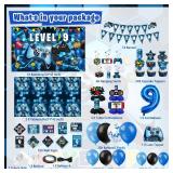 KOTLMIGHT 9th Birthday Decorations for Boys, 148Pcs Blue Video Game level 9 Party Supplies for Boy 9th Birthday - Backdrop, Banner, Balloons, Tablecloth, Centerpieces, Hanging Swirls, Wall Signs