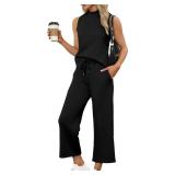 Sampeel Two Piece Set for Women Lounge Sets Summer Spring Travel Comfiest Airport Outfits Business Casual Matching Sets Fashion Clothing Beach Vacation Clothes Wide Leg Crop Pants Set Black S