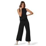 Sampeel Two Piece Set for Women Lounge Sets Summer Spring Travel Comfiest Airport Outfits Business Casual Matching Sets Fashion Clothing Beach Vacation Clothes Wide Leg Crop Pants Set Black S