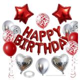 WEIKA 27 Pcs Red Silver Birthday Decorations, Red Happy Birthday Letters Balloon Banner 3D, Pentagram Heart Foil Balloons Confetti Balloons Kit For Boys Girls Party Supplies