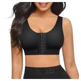 FeelinGirl Front Closure Compression Bra Breast Lift Wireless Post-Surgery Bra with Breast Support Band Black M