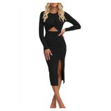 Pink Queen Womenfts Crew Neck Long Sleeve Midi Dress Cutout Twist Ruched Party Cocktail Bodycon Slit Knit Dresses Black L