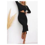 Pink Queen Womenfts Crew Neck Long Sleeve Midi Dress Cutout Twist Ruched Party Cocktail Bodycon Slit Knit Dresses Black L
