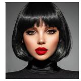 YOUNIGA Black Bob Wig With Bangs 12 Inch Short Bob wig for Women Short Bob Wigs Synthetic Fiber Bob Wigs and Halloween Cosplay Wig for Daily Life Colorful Wigs With One Cap (Nature Black)