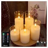 LEDHOLYT Rechargeable Flameless Candle, Flashing LED Pillar Real Wax Candle with Remote Control and Timer, Teardrop Wick, Clear Glass Electronic Candles, 1 Set of 5