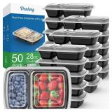 Dealusy 50 Pack (100-Piece) 28 oz Meal Prep Containers Reusable with Lids 2-Compartment, Sturdy Leakproof Food Safe, Microwave Freezer Dishwasher Safe, To Go Take Out Plastic Food Storage, Black