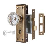 newliplace Upgraded Mortise Lock Set for Interior Door, Vintage Antique Brass Crystal Glass Door Knobs with Lock and Skeleton Key, Old Style Door Reversible for Left and Right Handed Door