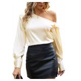 VIDUSSA Womenfts Off Shoulder Tops Satin Silk Shirts Casual Dressy Blouse Long Sleeve Office Work Tunics Champagne M