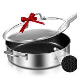 LOLYKITCH 6 QT Hybrid Tri-Ply Stainless Steel Non-Stick Sauté Pan with Lid,12 Inch Deep Frying Pan,Large Skillet,Jumbo Cooker,Induction Pan, Oven Safe and Detachable Handle.