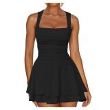 Kaximil Womenfts Square Neck Ruffle Hem Mini Dress Ruched Waist Short Party Dresses, X-Small, Black