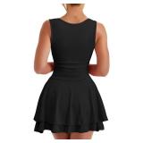 Kaximil Womenfts Square Neck Ruffle Hem Mini Dress Ruched Waist Short Party Dresses, X-Small, Black