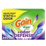 Gain + Odor Defense Dryer Sheets  Super Fresh Blast Scent Fabric Softener Sheets  240 Count boxe Is Opened