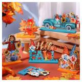 Soaoo 6 Pcs Fall Thanksgiving Wooden Table Signs: Hello Fall, Gnomes, Truck, Pumpkin, Scarecrow, Leaf - Orange and Blue - 4.33\ W x 5.55\in H - Tabletop - Wood - Thanksgiving Decorin