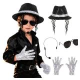 JEGERMIG Halloween 4 Pcs MJ Costume Pop Rock Super Star Cosplay with Fake Microphone Sunglasses Sequin Hat and Gloves
