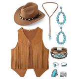 Suhine 9 Pack Western Outfits for Women Cowgirl Fringe Vest Boho Cowboy Hat Turquoise Jewelry Kit for Halloween Costume(X-Large,Khaki)