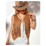 Suhine 9 Pack Western Outfits for Women Cowgirl Fringe Vest Boho Cowboy Hat Turquoise Jewelry Kit for Halloween Costume(X-Large,Khaki)