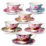 BTaT- Tea Cups and Saucers, Set of 6, 8 oz, Floral Design, Porcelain Tea Cup Sets, Dishwasher Safe
