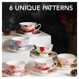 BTaT- Tea Cups and Saucers, Set of 6, 8 oz, Floral Design, Porcelain Tea Cup Sets, Dishwasher Safe