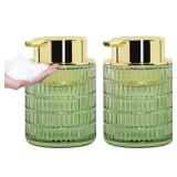 Tonxus 1pc Green Foaming Soap Dispenser, Glass Foam Hand Soap Dispenser with Gold Pump, 10 Oz Bathroom Refillable Liquid Lotion Pump Ribbed Bottle Container for Countertop Decor