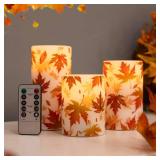 LUSHARBOR Flameless Candles with Remote, Maple Leaf Battery Operated Candles Flickering LED Candles Real Wax Floral Fall Thanksgiving Decor Electric Pillar Candles Set of 3
