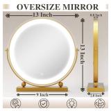 ROLOVE 13 Inch Vanity Mirror with Lights, Round Make Up Mirror with Lighting, LED Mirror Makeup Mirror with Lights for Bedroom Tabletop, Smart Touch Control, 360° Rotation (Gold)