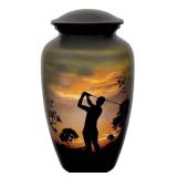 Akanksha Arts Cremation Urn, Burial Urns. Lovely Golfer Golf Design. Large Size 26 cms high, with Velvet Bag