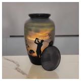 Akanksha Arts Cremation Urn, Burial Urns. Lovely Golfer Golf Design. Large Size 26 cms high, with Velvet Bag