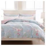 Zusbest Floral Duvet Cover Queen 100percent Cotton Coquette Cottage Core Bedding Shabby -Chic Comforter Cover with Zipper, Soft Skin-Friendly Breathable, Blue Pink Rose Flower Print, 3 Pcs