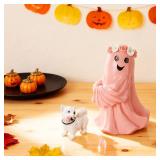 YYPLIAN Ghost Walking Dog Statue, Cute White Ghosts with Dogs Figurines for Halloween Indoor Home Tabletop Decor (Pink Ghost)