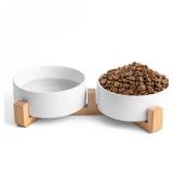 Mowtanco White Ceramic Dog and Cat Bowl Set  13.5 OZ with Wooden Stand, Non-Slip, Elevated Design for Small Dogs and Cats  2 Bowls (Food and Water, Ceramic Pet Bowls, Modern Dog Bowls)