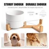 Mowtanco White Ceramic Dog and Cat Bowl Set  13.5 OZ with Wooden Stand, Non-Slip, Elevated Design for Small Dogs and Cats  2 Bowls (Food and Water, Ceramic Pet Bowls, Modern Dog Bowls)
