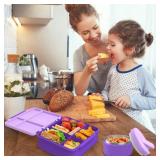 Pawtong Bento Lunch Box with 8oz Soup Thermo, Kids Leakproof Lunch Food Containers with 4 Compartment, Kids Thermo Insulated Hot Food Jar for School, Trvael (Purple)