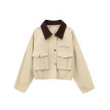 Megfie Womens Cropped Jacket Contrast Collar Utility Coat Cargo Jacket Barn Jacket Outwear with Pockets(0836-Khaki-S)