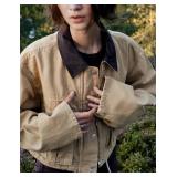 Megfie Womens Cropped Jacket Contrast Collar Utility Coat Cargo Jacket Barn Jacket Outwear with Pockets(0836-Khaki-S)