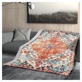 Orange Blue Boho Blanket Soft Flannel Lightweight Rust Teal Bohemian Throw Blanket Cozy Warm Vintage Aztec Carpet Blankets All Seasons Living Room Decor for Couch Chair Bed Sofa Office 40x50 inch