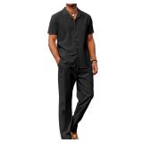 COOFANDY Men Linen Sets 2 Pieces Beach Short Sleeve Shirt Yoga Pant Big and Tall